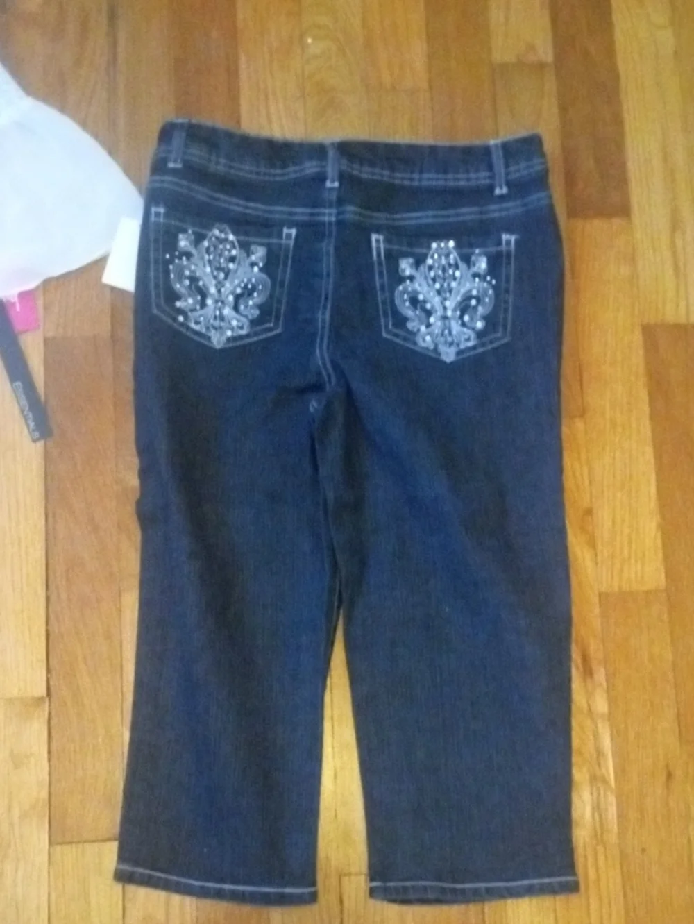 NWT girl 14 White Lace-Trim Peasant top denim capri embellished pockets